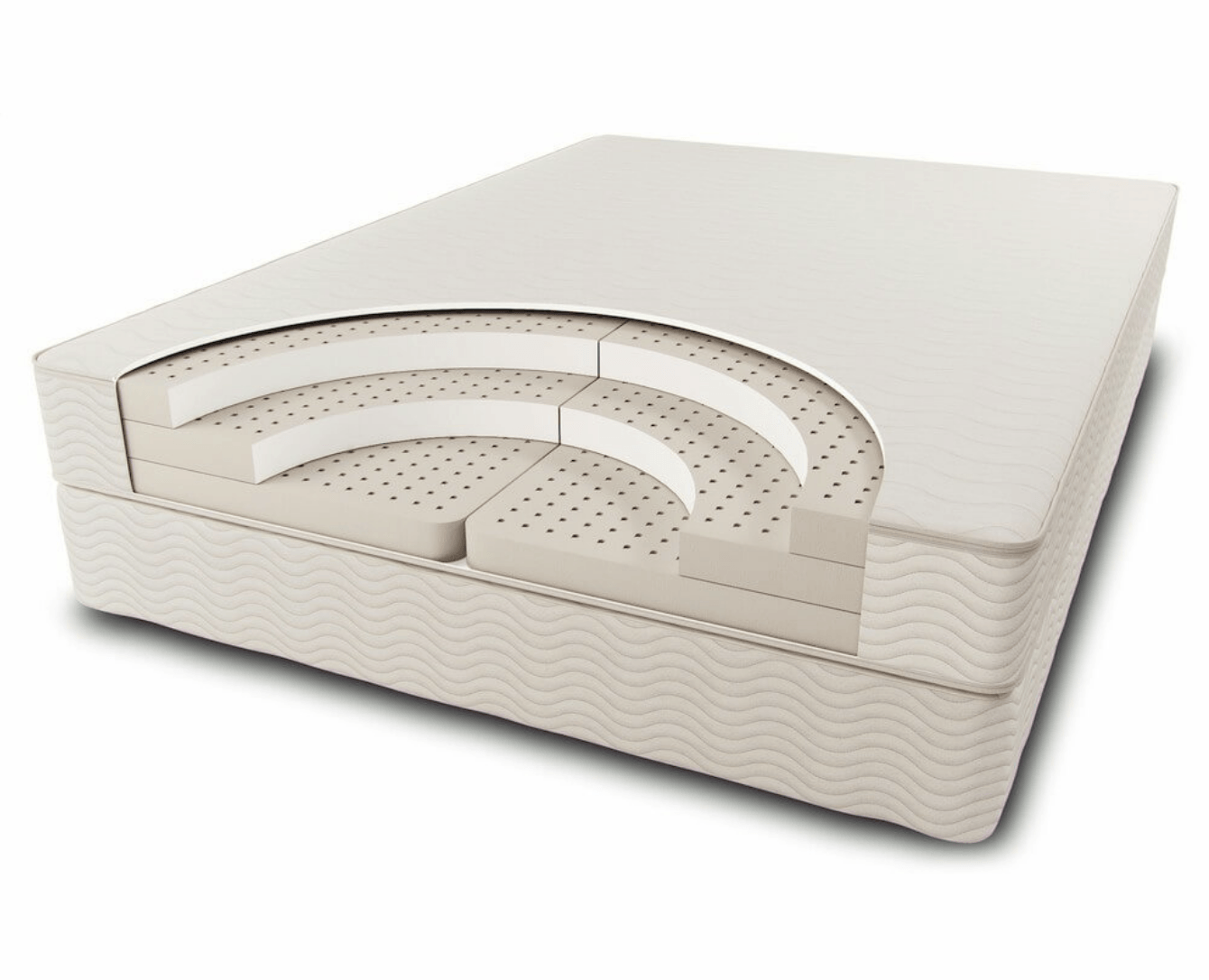 A cross cut visual representation of the Sleep Ez Natural Mattress which shows three layers of latex foam stacked on top of each other which may be split into different firmneses for the two sides of the mattress