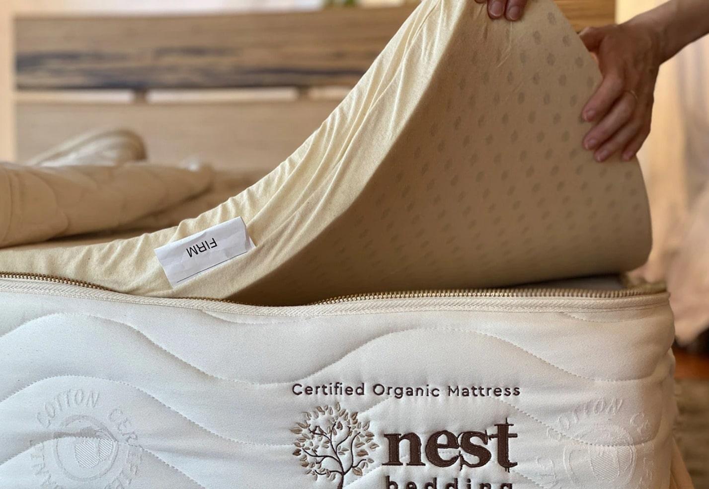 Nest Bedding Finch Review of the mattress layers: organic cotton cover, wool fire barrier, a 3 inch Dunlop latex layer and a 6 inch Dunlop latex layer. 